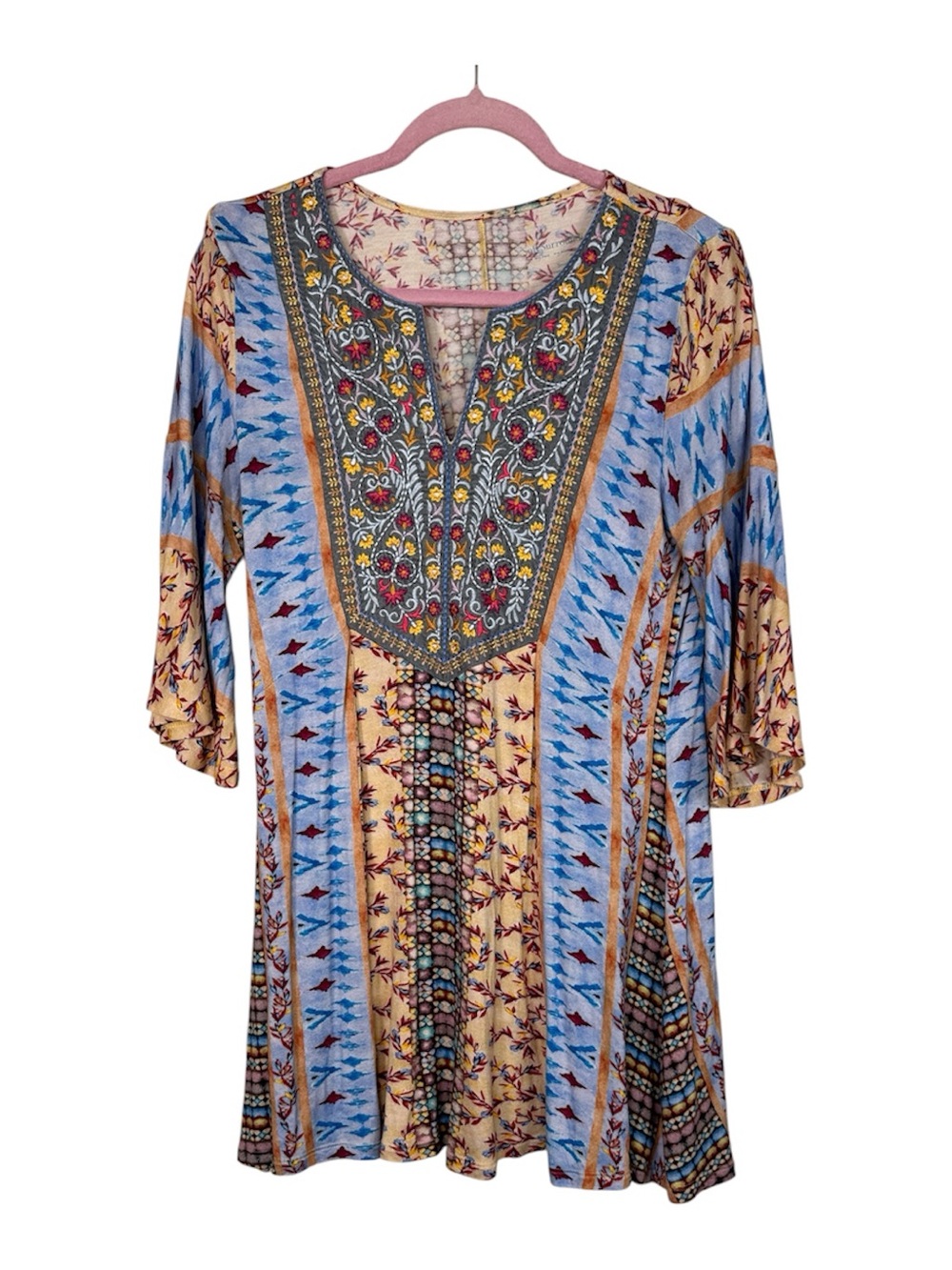 Soft Surroundings Yellow Blue Floral Embroidered Tunic Top Womens S Boho Casual